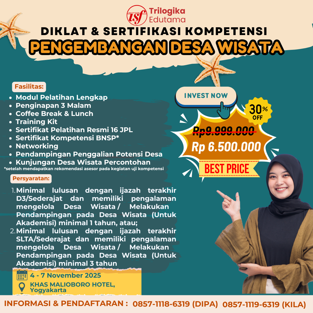 PROMO PAKET DIKLAT DAN SERTIFIKASI PENGEMBANGAN DESA WISATA FULL OFFLINE DI YOGYAKARTA